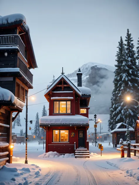 a  station in the heavy snow in siberia，back view of a person waiting for a bus，the big stop sign at the wooden house station，（t...