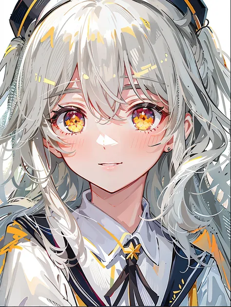 8K resolution, ((highest quality)), ((masterpiece)), ((super detailed)), (very delicate and beautiful), with a girl, solo, kind attitude, she is very(relax)with(Calm)Appearance,gray haired, Depth of the bounds written,smile,bright yellow eyes,bright white ...