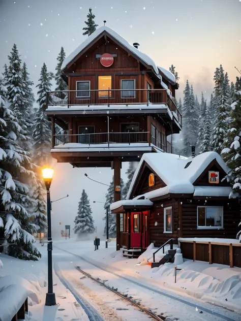 a  station in the heavy snow in siberia，back view of a person waiting for a bus，the big stop sign at the wooden house station，（t...