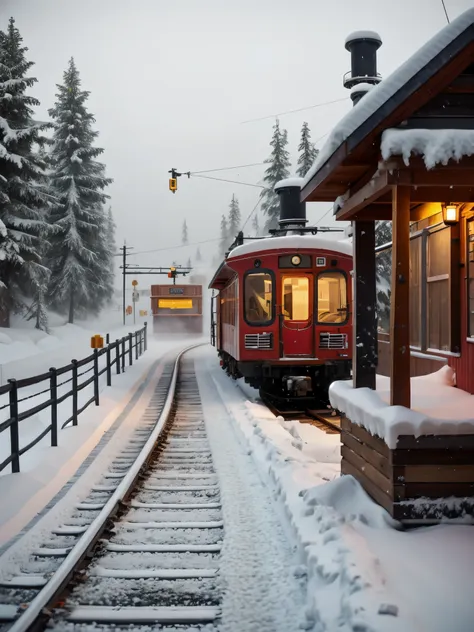 a  station in the heavy snow in siberia，back view of a person waiting for a bus，the big stop sign at the wooden house station，（t...