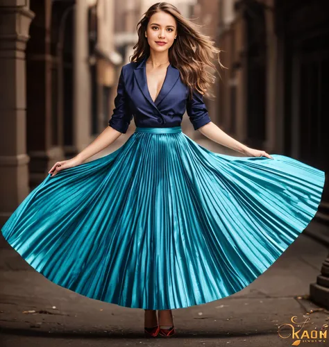 A smiling, authentic, (shy:1,3), kind, beautiful woman, is passionately in love with her skirt, sitting down on the gound while wind lifts her skirt, wearing short blazer and very very detailed (long (fully pleated) full circle skirt) and (low heeled court...