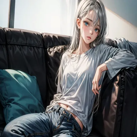 ((super detailed face)),((cute eyes)),((fine eyes)),((16k, RAW photo, highest quality, masterpiece: 1.2)),A woman sitting on a chair wearing a black top and jeans, バギーpants, wears long flowing clothes, Wearing long flowing fabrics, casual clothing style, A...