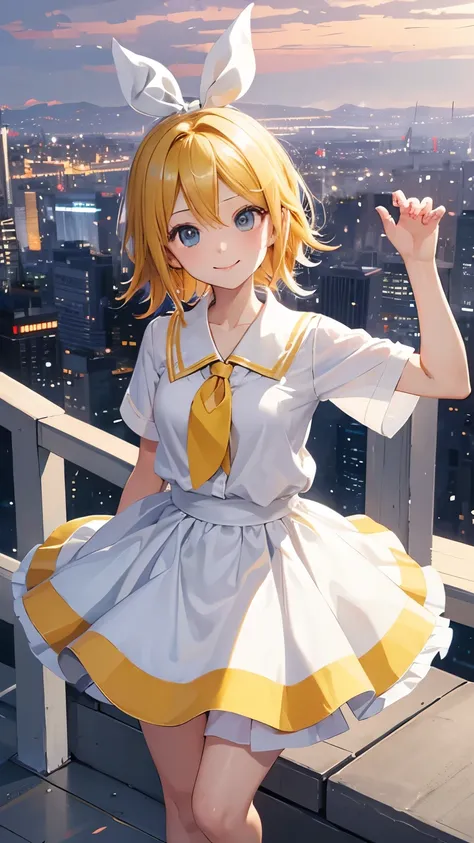 highest quality、high resolution、CG、Kagamine Rin、cityscape、one piece、white blouse、skirt、date、smile、whole body、distinct