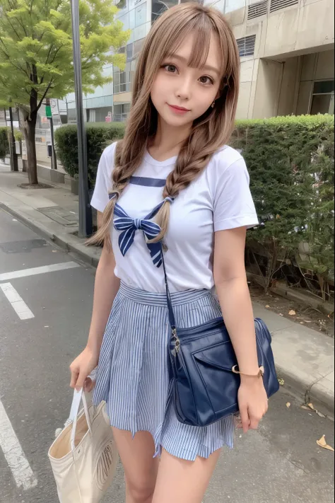 long hair、high school girl、(((summer clothes)))、white shirt、blue striped tie、short sleeve、Dark blue prill skirt、walk、Student bag tote bag in hand、８head and body、In the cityscape、sidewalk、Keyaki Street、wavy hair、small head、pale pink lips、smile、happiness、big...