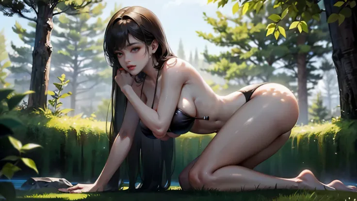 anime girl in a bikini in the woods, guweiz, beautiful anime girl