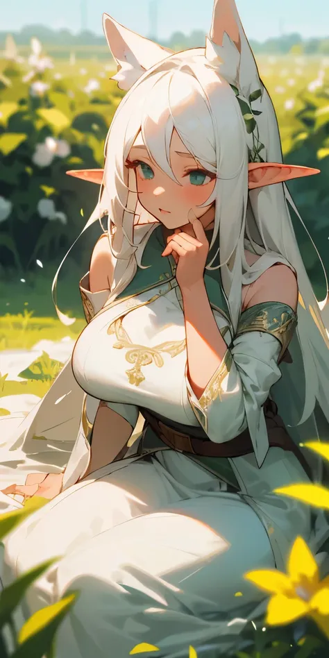 (masterpiece, best quality),1girl with long white hair sitting in a field of green plants and flowers, her hand under her chin, warm lighting, white dress, blurry foreground, beautiful girls, goddess, big breast, elf ears, no sleeve