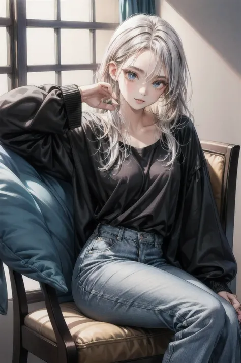 ((super detailed face)),((cute eyes)),((fine eyes)),((16k, RAW photo, highest quality, masterpiece: 1.2)),A woman sitting on a chair wearing a black top and jeans, バギーpants, wears long flowing clothes, wear long flowing fabrics, casual clothing style, Acid...