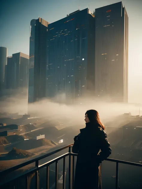 abstract color, texture, film grain, skin pores:0.an intricate and dramatic portrait，Depicts a beautiful windblown sci-fi scientist standing on a balcony overlooking a futuristic scene (sunpunk)1.2 cities, foggy morning,   still frame, Blade Runner 2049, P...