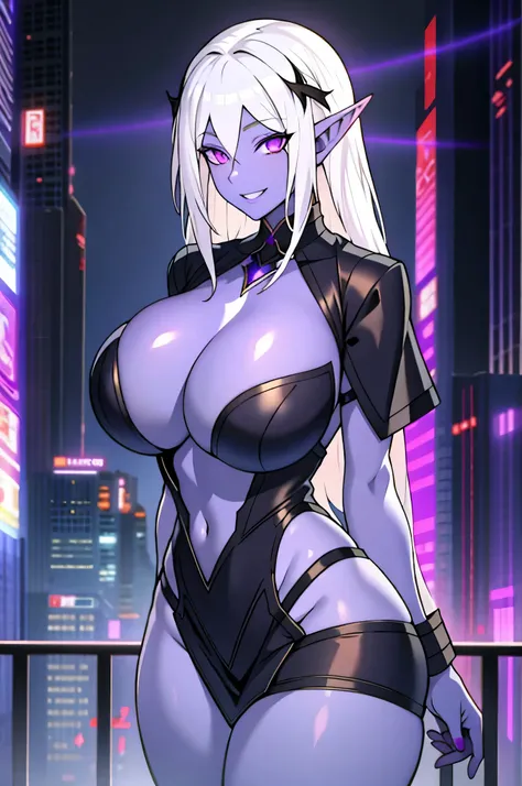 long white hair, long elf ears, dark elf, colored skin, violet eyes, solo, smiling, standing, upper body, hips, gigantic breasts