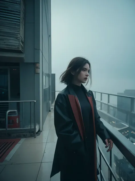 abstract color, texture, film grain, skin pores:0.an intricate and dramatic portrait，Depicts a beautiful windblown sci-fi scientist standing on a balcony overlooking a futuristic scene (sunpunk)1.2 cities, foggy morning,   still frame, Blade Runner 2049, P...