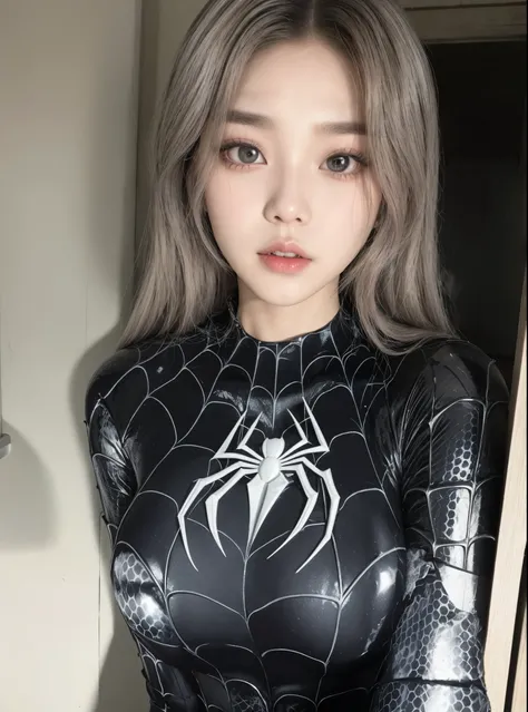 a closeup of a woman dressed in a black and white spiderman costume, iu lee ji-eun como supervillano, ( ( Spider woman ) ), cruel korean gothic girl, Spider woman, heonhwa choe, Park Shin Hye as a super villain, Spider woman!!, ulzzang, sun yunjoo, chica a...