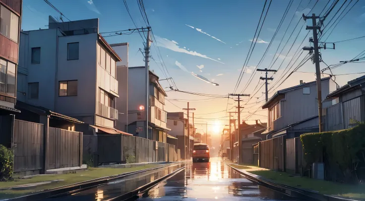 Japanese cartoons city with a sunset and a train going down the trackakoto shinkai ) ), Xin Haicheng. —H 2160, studio glibly Xin Haicheng, style of Xin Haicheng, Japanese cartoons. by Xin Haicheng, beautiful Japanese cartoons scene, in style of Xin Haichen...