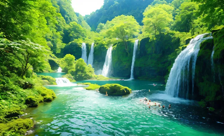 a view of a waterfall with a few people swimming in it, waterfalls and lakes, with trees and waterfalls, with waterfalls and river, lakes and waterfalls, with waterfalls, peaceful beautiful waterfall, really beautiful nature, majestic nature scenery, beaut...