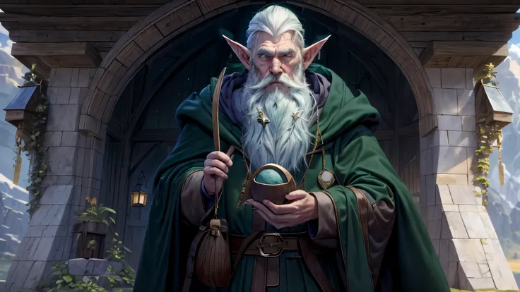 (master piece), 8k, best quality, panoramic view, hooded, Elf, old man, male, wizard, big white beard, pointy ears, blue eyes. Standing 1.60 meters tall, wearing a dark green robe, a leather belt and a magic bag, talking, handing a small bag, with a salt s...