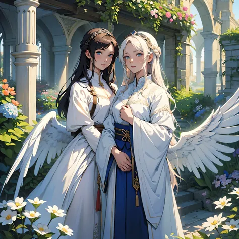 medieval anime art, masterpiece, best quality, female, solo, detailed composition, detailed eyes, portrait, detailed hair, vibrant colors, 2 angels in a garden, white wings, blue clothes, standing side by side