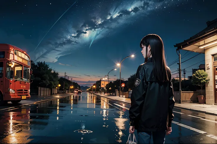 bus stop，comics， bright starry sky. Romantic bus passing through body of water on road，high saturation，Bright colors， Xin Haicheng&#39;s pictures, pure, concept art, Lofi Art style, reflection. author：Xin Haicheng, Lofi Art, Beautiful anime scene, anime sc...