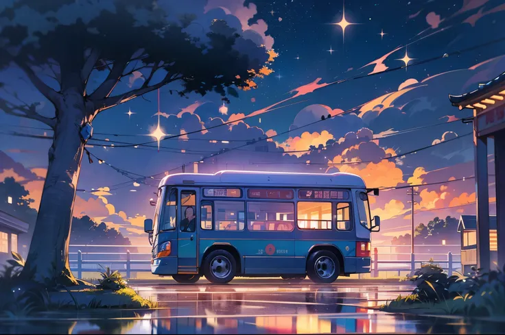 bus stop，comics， bright starry sky. Romantic bus passing through body of water on road，high saturation，Bright colors， Xin Haicheng&#39;s pictures, pure, concept art, Lofi Art style, reflection. author：Xin Haicheng, Lofi Art, Beautiful anime scene, anime sc...