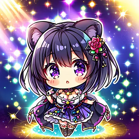 chibi youjo ((worst quality, low-quality)), ((Black Bear-eared Kenomi girl)), (Japan priestess uniform:1.1),(Gothic lolita:1.2),cleavage, ((Black hair berry berry short)), plump shiny lips, (Beautiful purple eyes:1.4), Spoken Heart, Leaning forward, (perfe...