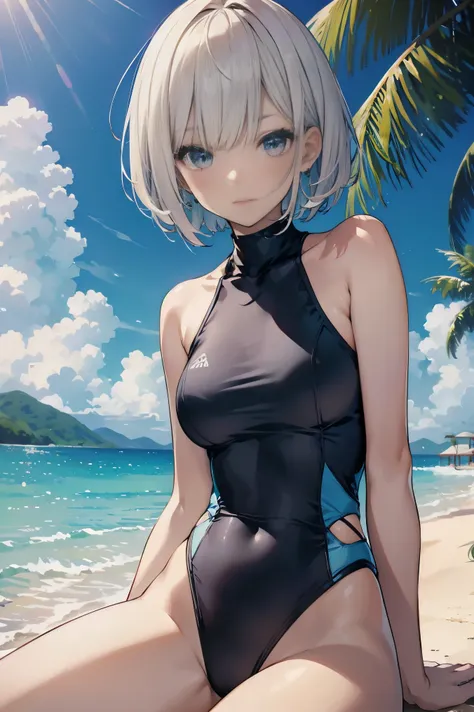 High quality、highest quality、complete limbs、Ultra high definition、vivid colors、very short hair、bob cut、Sparkling eyes、full finger、slender beauty、knee high、school swimsuit、school swimwear、surprised、resort hotel