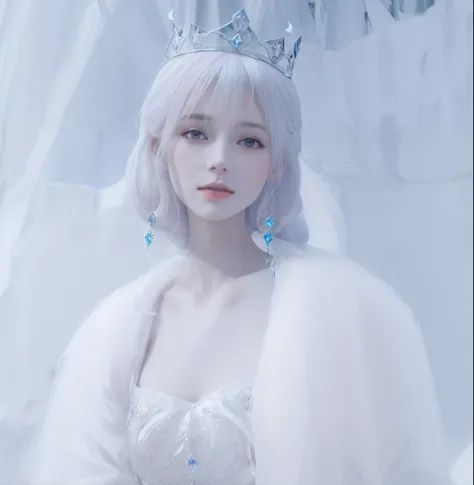 there is a woman with a crown on her head and a white dress, Reine des glaces, Reine de l&#39;hiver, the Reine des glaces, Reine des glaces et des tempêtes, princesse de glace, princesse d&#39;hiver, pale snow white skin, déesse de l&#39;hiver, Ice Witch, ...