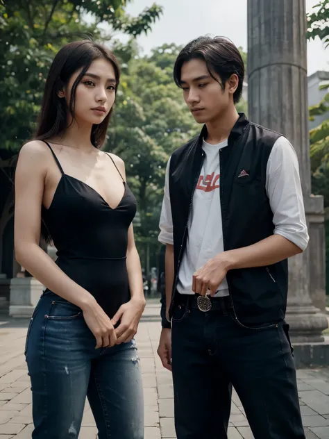 a man and a woman standing next to each other at a national monument in indonesia, an image, inspired by Adam Dario Keel, which is trending in the cg community, beautiful young Korean woman dressed in black party dress, jeans, movie screencap, model elisaj...