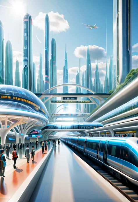 futureの首都に駅を描く,Transparent Tube:multiple:A train is running inside,future都市,terminal station,multipleの鉄道が接続する駅,future,