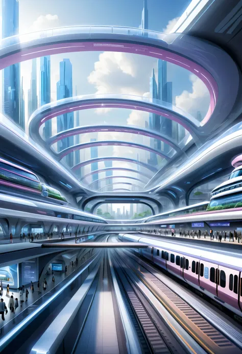 futureの首都に駅を描く,transparent tube:multiple:a train is running inside,future都市,terminal station,multipleの鉄道が接続する駅,future,be familia...