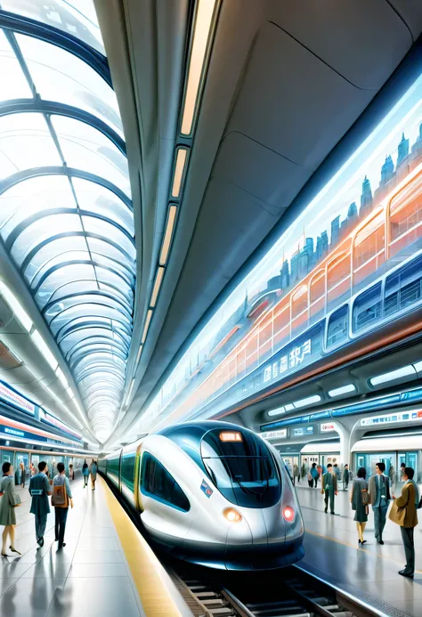 futureの首都に駅を描く,Transparent Tube:multiple:A train is running inside,future都市,terminal station,multipleの鉄道が接続する駅,future,