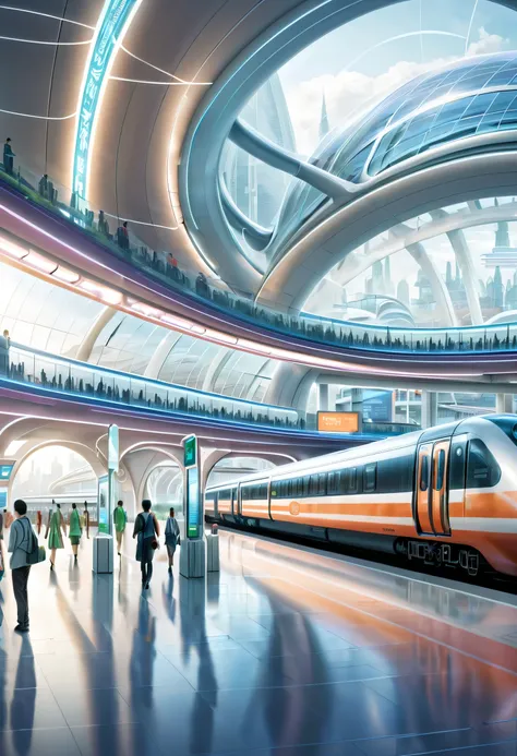 futureの首都に駅を描く,Transparent Tube:multiple:A train is running inside,future都市,terminal station,multipleの鉄道が接続する駅,future,