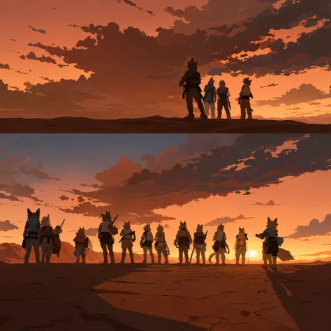 top quality, best quality, High-quality illustrations, masterpiece, super high resolution, detailed background, The desolate and rugged desert landscape at sunset, with the sky turning shades of red and the dry earth stretching into the distance, 6+boys, 6...