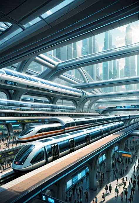 futureの首都に駅を描く,transparent tube:multiple:a train is running inside,future都市,terminal station,multipleの鉄道が接続する駅,future,be familia...