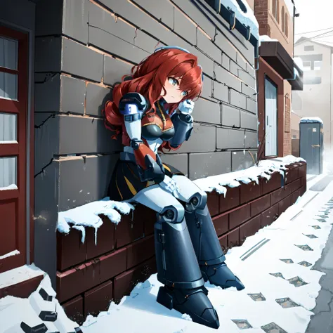 a female (average complexion,muscular,long curly red hair) is locked in a bulky mech suit making her look as character n from mu...