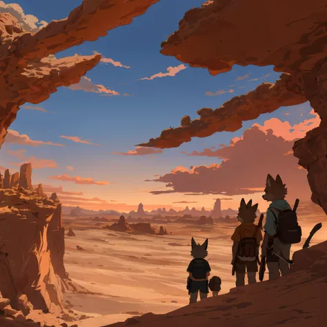 top quality, best quality, High-quality illustrations, masterpiece, super high resolution, detailed background, The desolate and rugged desert landscape at sunset, with the sky turning shades of red and the dry earth stretching into the distance, 6+boys, 6...