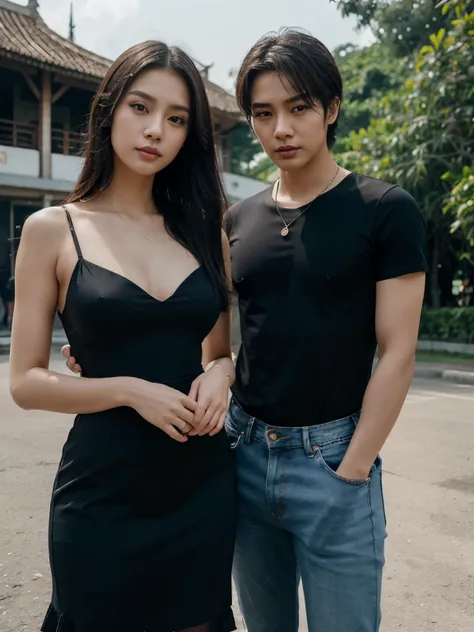 a man and a woman standing next to each other at a tourist spot in indonesia, an image, inspired by Adam Dario Keel, which is trending in the cg community, beautiful young Korean woman dressed in black party dress, jeans, movie screencap, model elisajes fr...