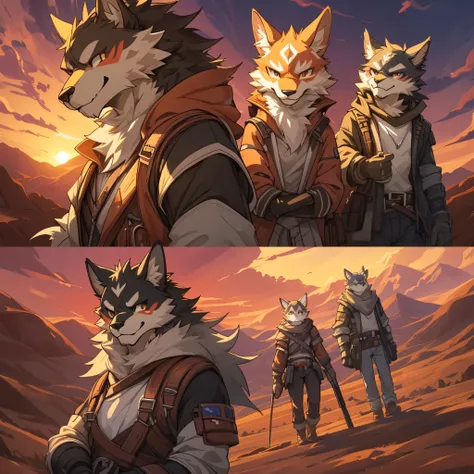 top quality, best quality, High-quality illustrations, masterpiece, super high resolution, detailed background, The desolate and rugged desert landscape at sunset, with the sky turning shades of red and the dry earth stretching into the distance, 6+boys, 6...