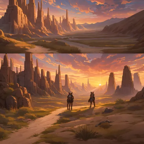 top quality, best quality, High-quality illustrations, masterpiece, super high resolution, detailed background, The desolate and rugged desert landscape at sunset, with the sky turning shades of red and the dry earth stretching into the distance, 6+boys, 6...