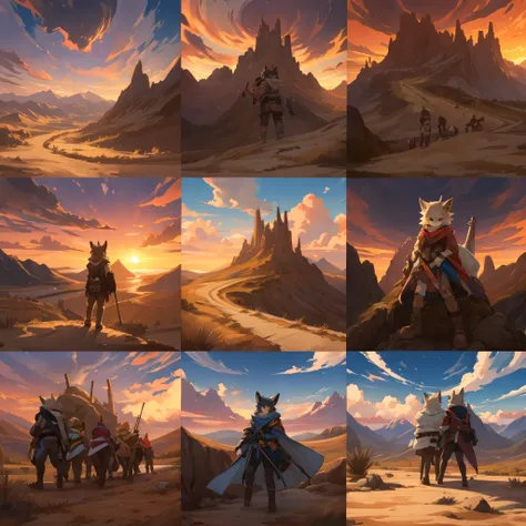 top quality, best quality, High-quality illustrations, masterpiece, super high resolution, detailed background, The desolate and rugged desert landscape at sunset, with the sky turning shades of red and the dry earth stretching into the distance, 6+boys, 6...