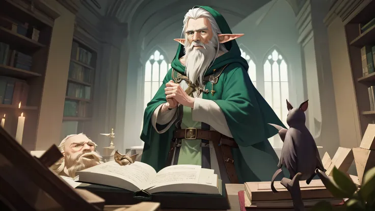 (master piece), 8k, best quality, panoramic view, book illustration, hooded, Elf, old man, male, wizard, big white beard, pointy ears, blue eyes. 1.60 meters tall, wearing a dark green tunic, a leather belt and a magic bag, a bit of a lunatic