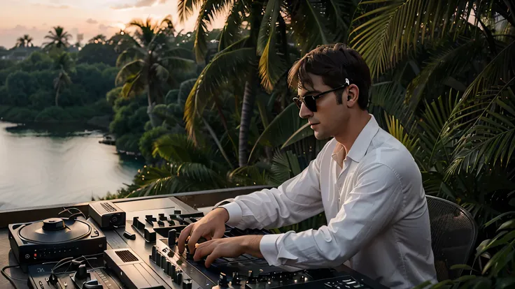 Visualize a vibrant and energetic stage where a passionate DJ takes center stage, capturant lessence dun moment magique de musique en plein air. Ce DJ, Cool et confiant, wears stylish sunglasses that reflect the last rays of the sun, ajoutant une touche de...