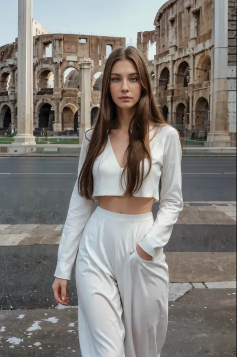 20 years old ((hyper realistic)) girl cute with (long dark blond hair) (beautiful nose)) ((cheekbones)) with (dark green eyes), ((standing near Coliseum:1.2)), wear white classic outfit, full height photo:1.1 , head to toe, upper body, ultra resolution, (P...