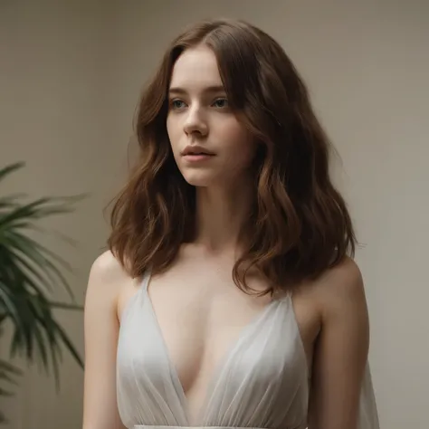 Sophia Lillis, thick and strong, translucent sheer dress, pale skin, long wavy hair, cleavage 