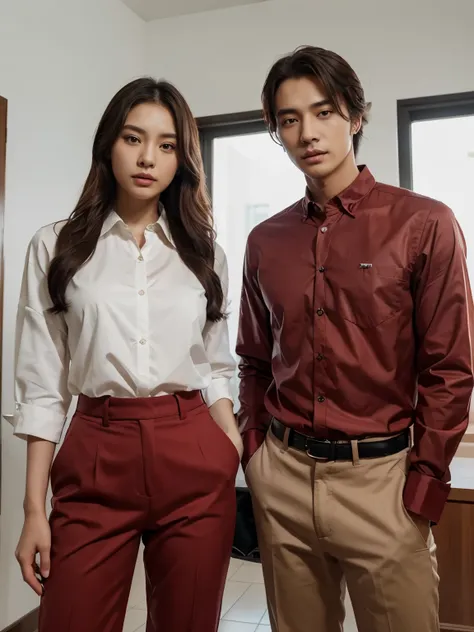 a man and a woman standing next to each other, an image, inspired by Adam Dario Keel, which is trending in the cg community, beautiful young Korean woman, blouse shirt, movie screencap, model elisajes from acquamodels