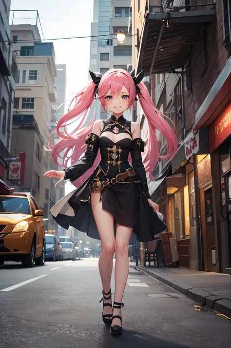 Masterpiece, Best Quality, High Resolution, PVC, Rendering, Chibi, High Resolution, Single Girl, {Aniya|Anya}, Anya Forge, Steampunk Costume, Pink Hair, Bobs Hair, Smiling, Selfish, Chibi, Chased in the City, One-Handed Magnifier, Smile, Smile, Self Justic...