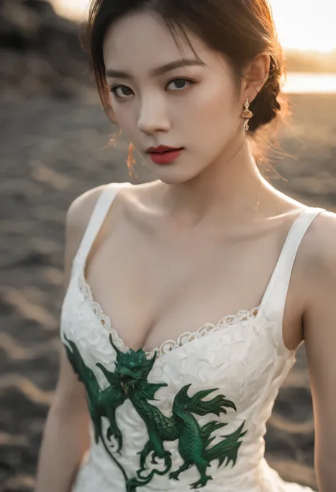 HDR, UHD, 64k portrait of a very attractive single Asian girl with beautiful emerald detailed eyes in a detailed white dress with dragons on it, she has medium-sized breasts, anatomically correct, finely detailed features, perfect body, perfectly flawless ...