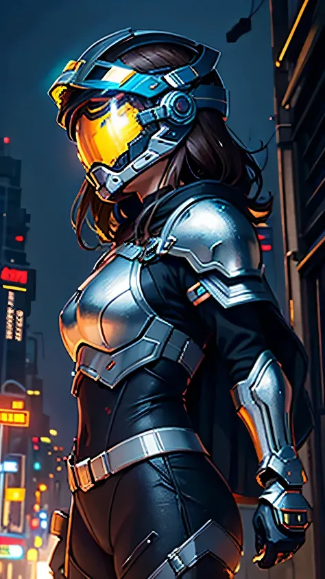 masterpiece,  最high quality, , (alone), 1 girl, look up, dim light, , horizon_(apex legend), goggles, blue eyes, brown hair, gauntlet, shoulder armor, ((Helmet)), (science_fiction), outdoors, street, neon light, cyber punk, masterpiece, 最high quality, high...