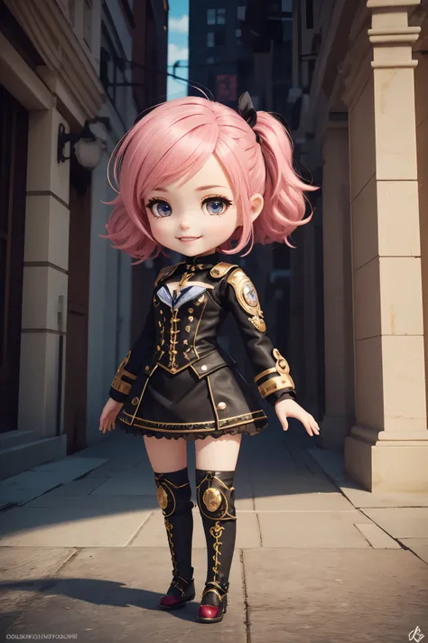 Masterpiece, Best Quality, High Resolution, PVC, Rendering, Chibi, High Resolution, Single Girl, {Aniya|Anya}, Anya Forge, Steampunk Costume, Pink Hair, Bobs Hair, Smiling, Selfish, Chibi, Chased in the City, One-Handed Magnifier, Smile, Smile, Self Justic...