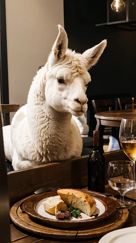 there are two llamas sitting at a table with plates of food 、wine glasses and red wine, alpaca, alpaca sculpture, cafe for felted animals, shot with sony alpha 1 camera, captured on canon eos r 6, taken with sony alpha 9, shot on sony a 7 iii, they are clo...