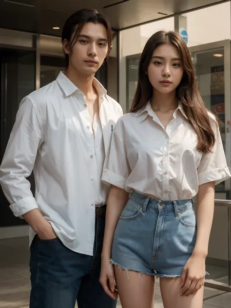 a man and a woman standing next to each other, an image, inspired by Adam Dario Keel, which is trending in the cg community, beautiful young Korean woman, blouse shirt, movie screencap, model elisajes from acquamodels