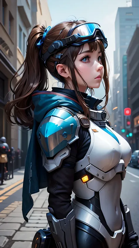 masterpiece,  最high quality, , (alone), 1 girl, look up, dim light, , horizon_(apex legend), goggles, blue eyes, brown hair, gauntlet, shoulder armor,  (Mecha Helmet), (science_fiction), outdoors, street, neon light, cyber punk, masterpiece, 最high quality,...