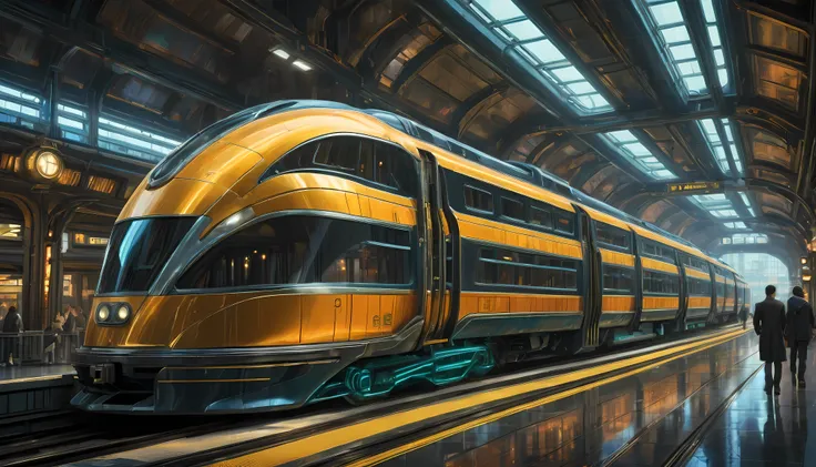 art deco style flying train, art deco style science fiction, background is floating train station.

(best quality,4k,8k,highres,masterpiece:1.2),ultra-detailed,(realistic,photorealistic,photo-realistic:1.37),HDR,UHD,studio lighting,ultra-fine painting,shar...